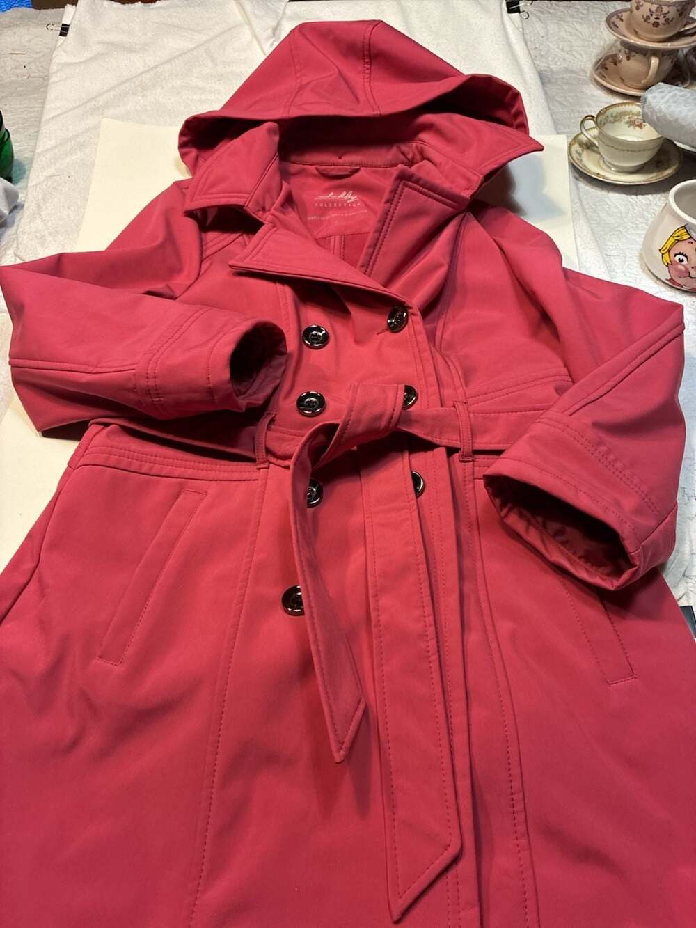 Sebby Collection Women's Double-Breasted Hooded Soft Shell Trench Coat in Pink